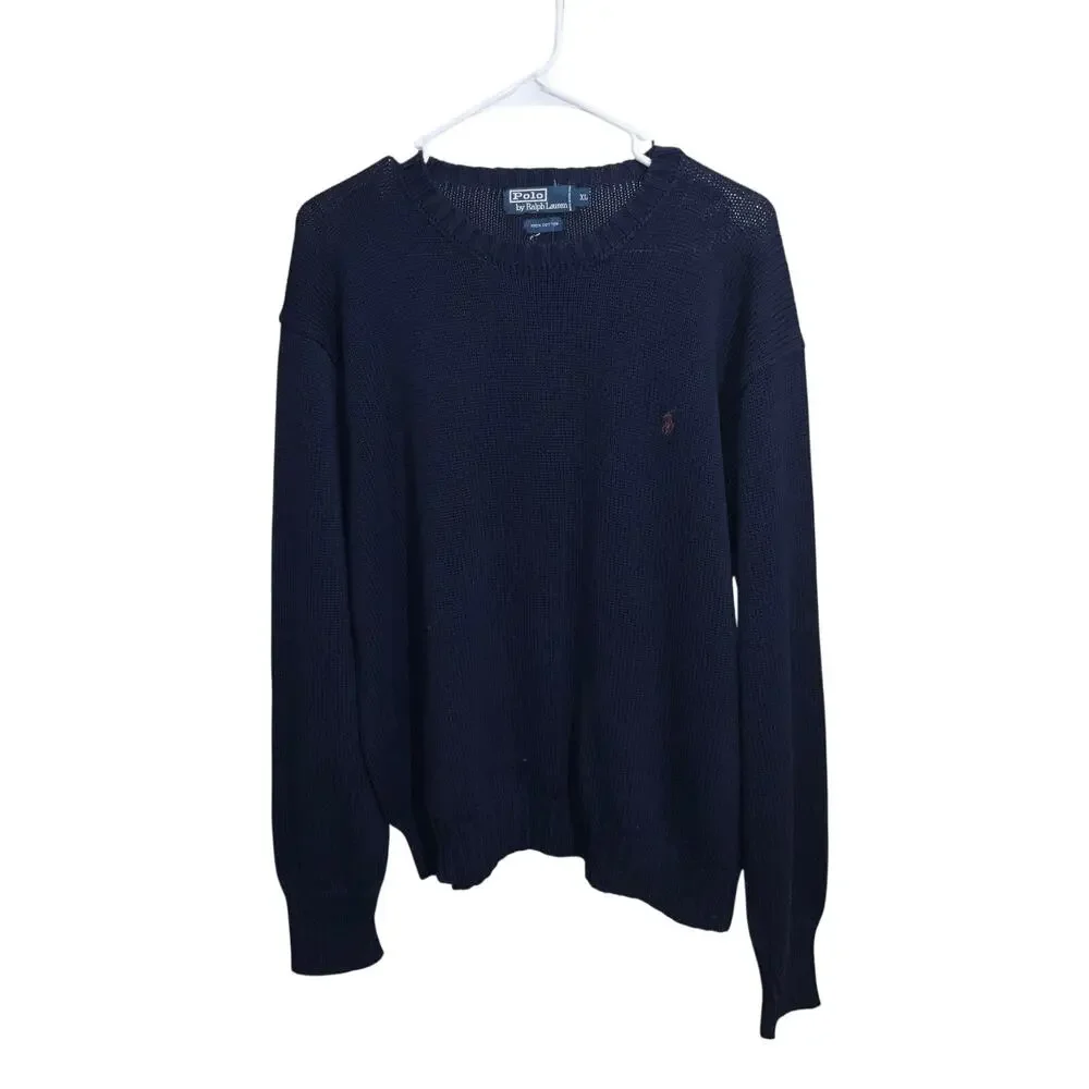 Polo Ralph Lauren Knit Sweater Navy Blue Red 100% Cotton Size XL